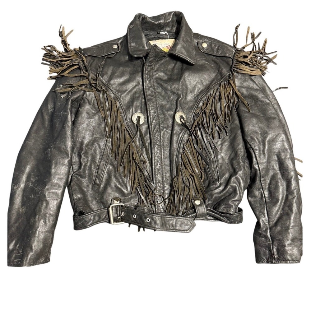 Vintage Excelled Leather Fringe Biker Jacket Mens 44 Made in USA Ride Free Skull